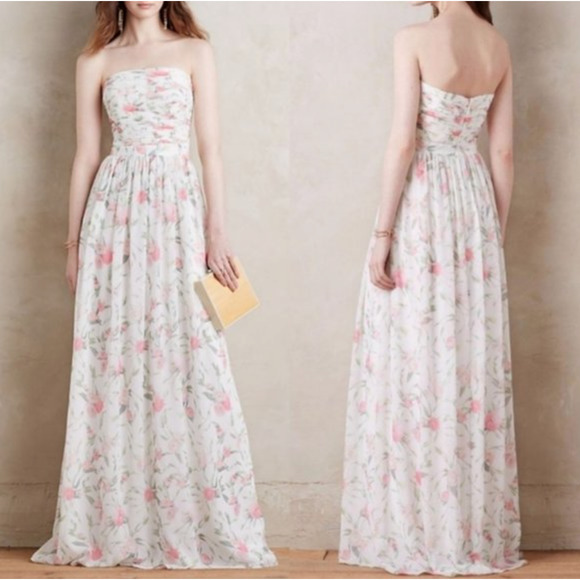 Erin Fetherston Isabelle Ruched Floral Strapless Maxi Dress Gown White Pink 2 - Picture 1 of 10